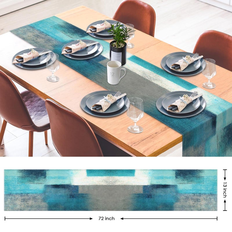 Emvency Farmhouse Table Runner, Modern Teal and Grey Abstract Art Painting for Kitchen Coffee Table Family Dinners Holiday Parties Wedding Events Decor(13x72 inch) - Image 3