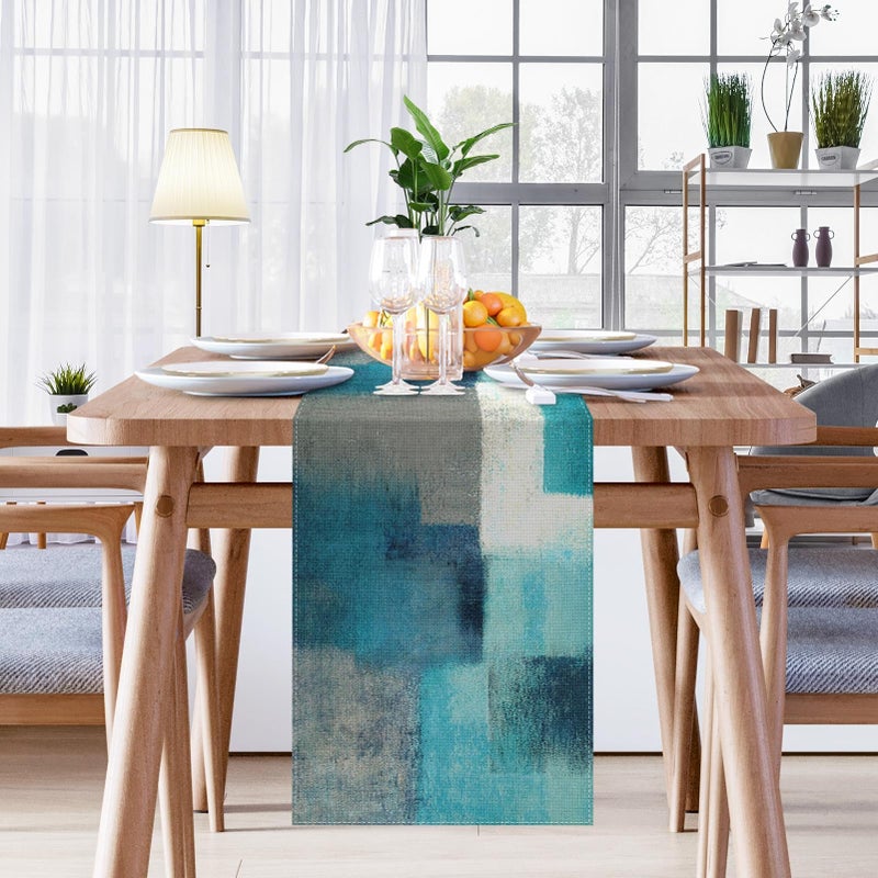 Emvency Farmhouse Table Runner, Modern Teal and Grey Abstract Art Painting for Kitchen Coffee Table Family Dinners Holiday Parties Wedding Events Decor(13x72 inch) - Image 4