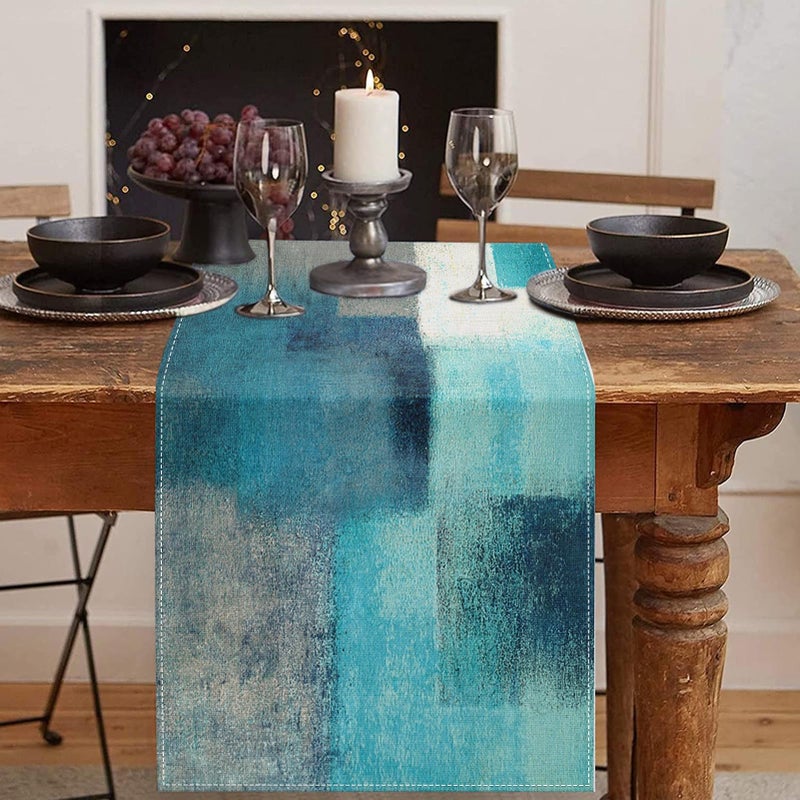 Emvency Farmhouse Table Runner, Modern Teal and Grey Abstract Art Painting for Kitchen Coffee Table Family Dinners Holiday Parties Wedding Events Decor(13x72 inch) - Image 1