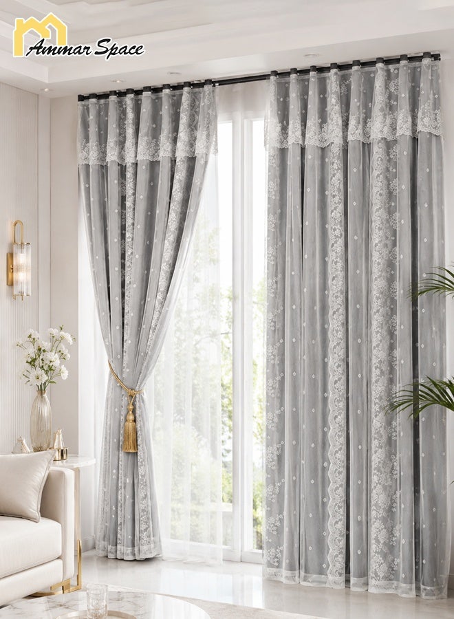 Ammar Space Grey French Lace Sheer Curtain Panel, Double Layer Light Filtering Privacy Window Drape with Hook Top for Bedroom Living Room, 1 Panel, 130 x 200 cm - Image 2