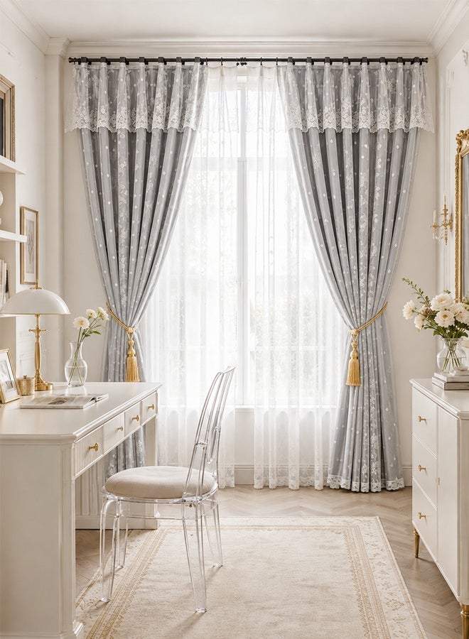 Ammar Space Grey French Lace Sheer Curtain Panel, Double Layer Light Filtering Privacy Window Drape with Hook Top for Bedroom Living Room, 1 Panel, 130 x 200 cm - Image 3