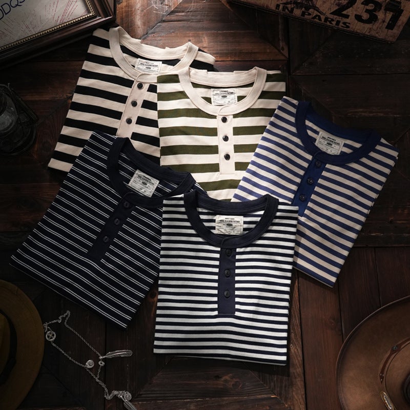 American Style Tough Man Style Henry Collar Striped Short-Sleeved Men'S T-Shirt Washed Cotton Comfortable Sea Soul Shirt Base Shirt Half-Sleeved Tee - Image 3