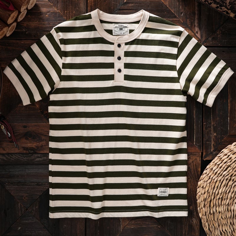 American Style Tough Man Style Henry Collar Striped Short-Sleeved Men'S T-Shirt Washed Cotton Comfortable Sea Soul Shirt Base Shirt Half-Sleeved Tee - Image 1