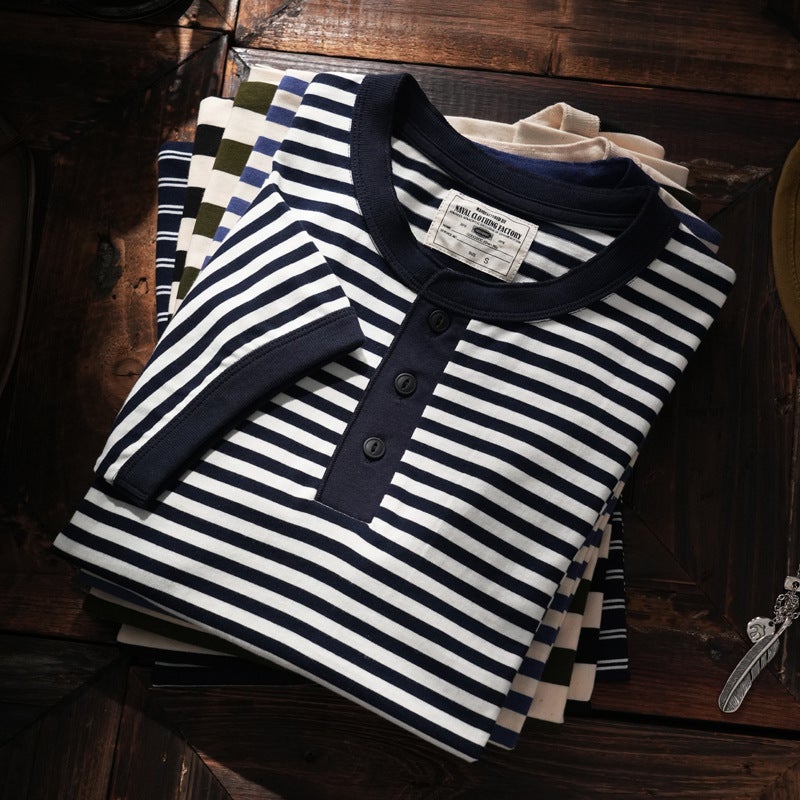 American Style Tough Man Style Henry Collar Striped Short-Sleeved Men'S T-Shirt Washed Cotton Comfortable Sea Soul Shirt Base Shirt Half-Sleeved Tee - Image 2