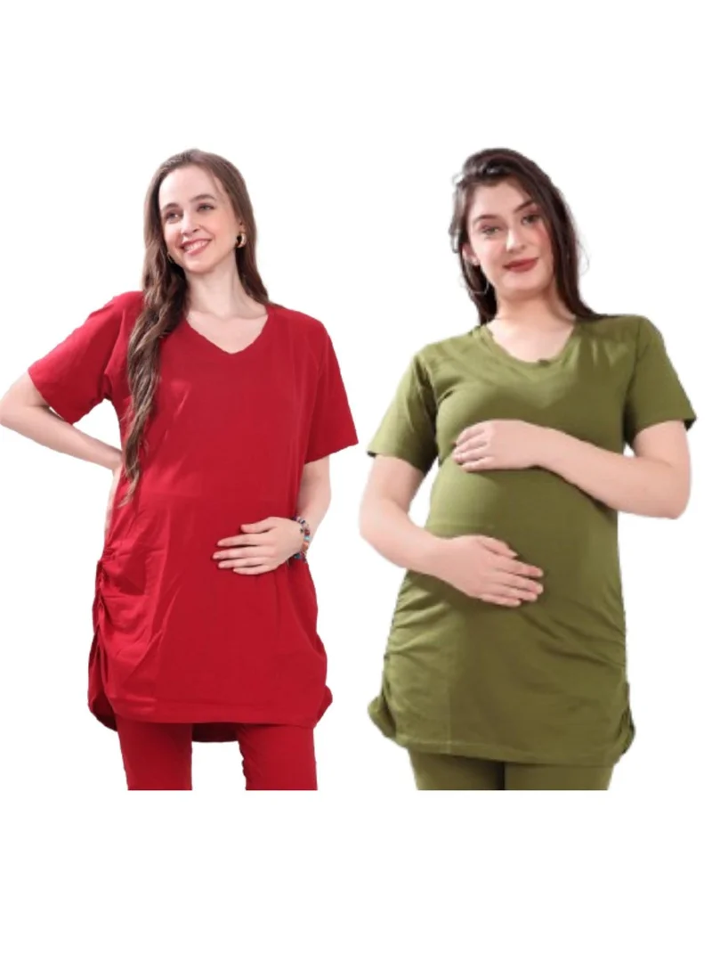 TUMMY Combo Pack of 2 Maternity Red and Green T-shirt