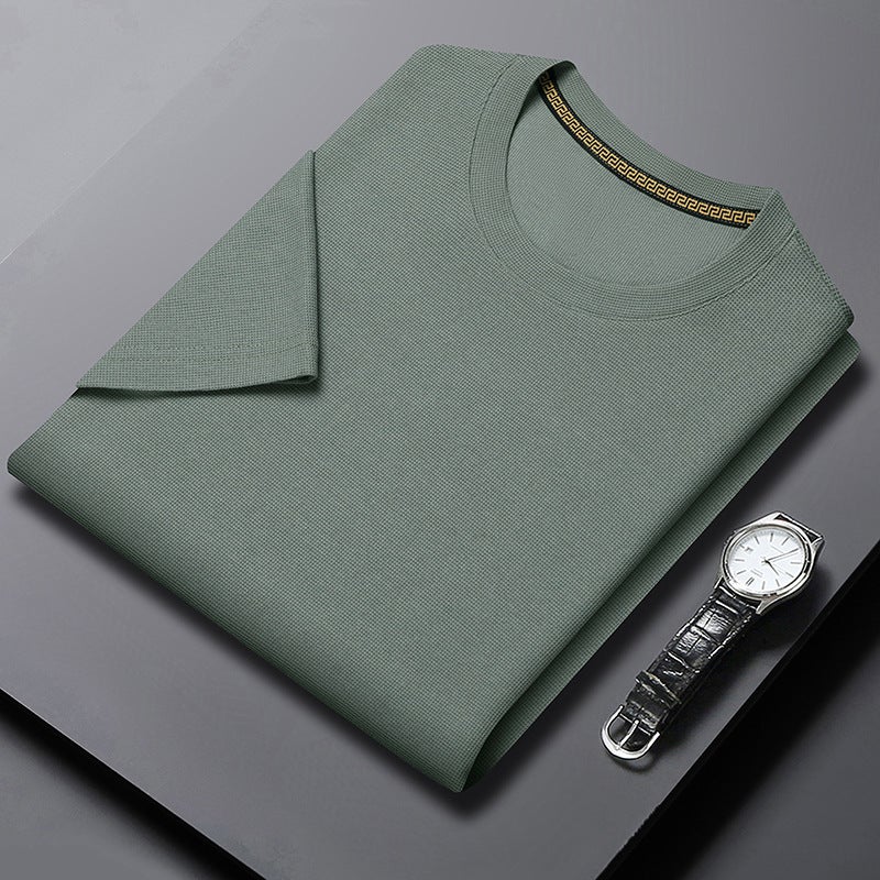 Waffle Short-Sleeved T-Shirt Men'S 2023 Casual Round Neck Thin Breathable Solid Color T-Shirt Base Shirt - Image 4