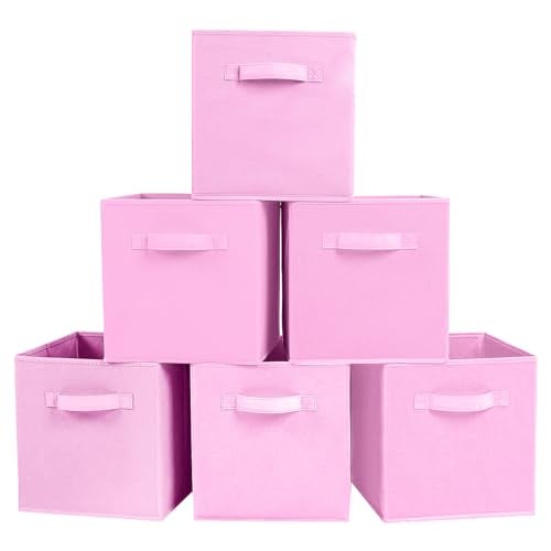 PowerKing Collapsible Storage Cubes with Handles, Fabric Foldable Bins for Closet Shelves, Durable Organization Storage Bins, 10.5'' x 11'' x 10.5'', 6 Pack, Pink - Image 1