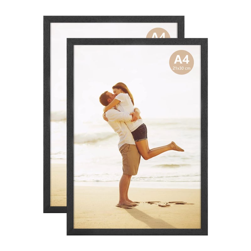 ATOBART A4 Photo Picture Frame 21 X 30 CM Wood Black Certificate Frames for Wall Tabletop Display Horizontally or Vertically Set of 2