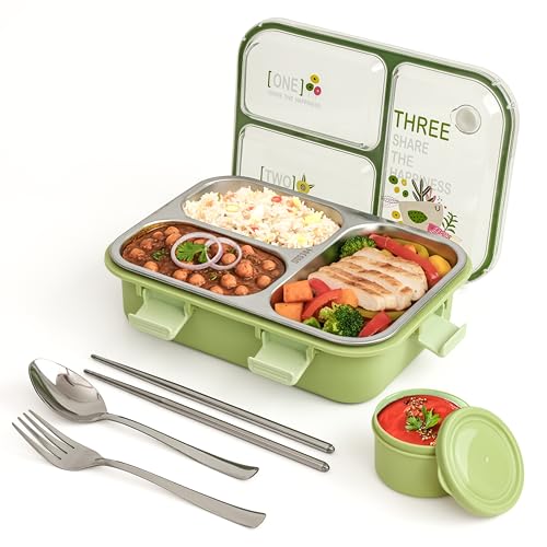 Brand Conquer Lunch Box Leak-Proof BPA Free Stainless Steel for School, Lunch Box for School & Office with a Fork, a Spoon and a Pair of Chopsticks (Classic Green, Happiness 3 Compartment Lunch Box) - Image 1