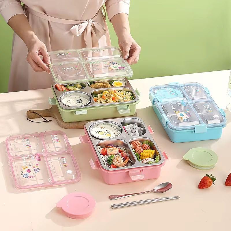 Brand Conquer Lunch Box Leak-Proof BPA Free Stainless Steel for School, Lunch Box for School & Office with a Fork, a Spoon and a Pair of Chopsticks (Classic Green, Happiness 3 Compartment Lunch Box) - Image 5