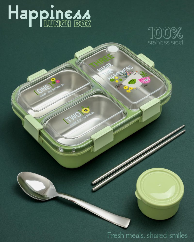 Brand Conquer Lunch Box Leak-Proof BPA Free Stainless Steel for School, Lunch Box for School & Office with a Fork, a Spoon and a Pair of Chopsticks (Classic Green, Happiness 3 Compartment Lunch Box) - Image 2