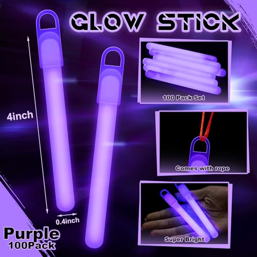 Lewtemi 100 Pack 4 or 6 Bright Glow Sticks Bulk Glow in the Dark Party Supplies Birthday and Holidays 4 InchPurple - Image 5