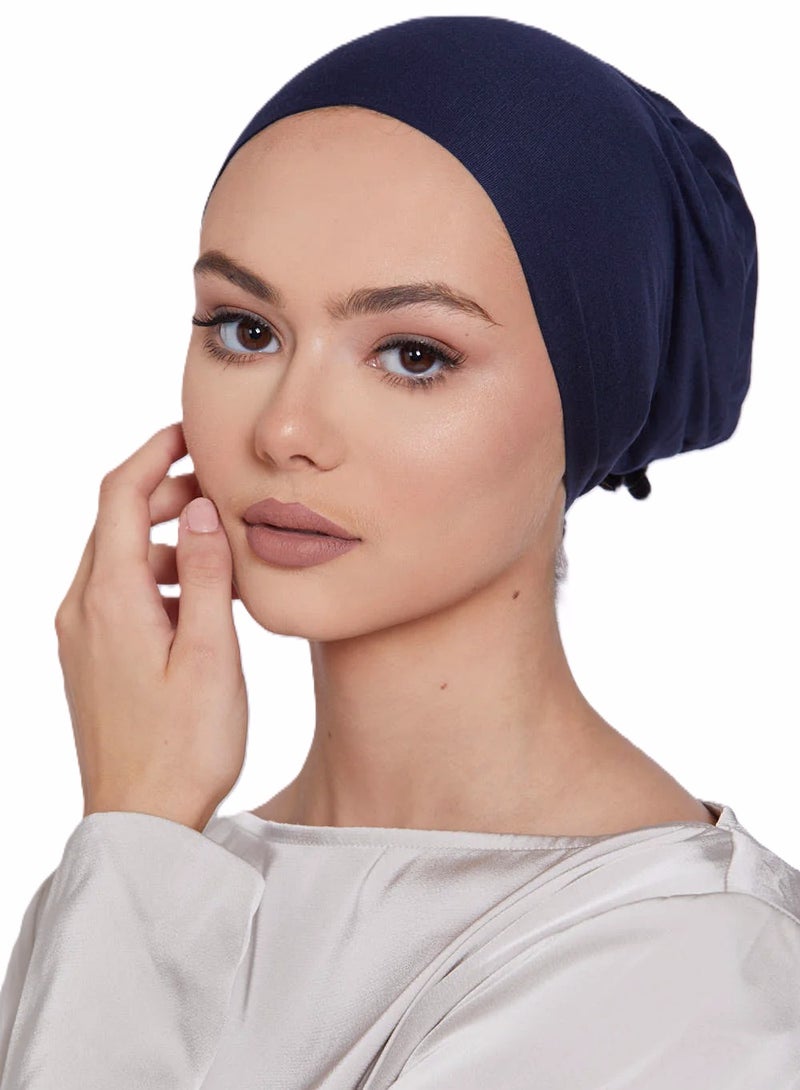برفكتوري قبعة عمامة نسائية من الجيرسي مع رباط للإغلاق، وغطاء رأس إسلامي - الأزرق الداكن  - Image 1