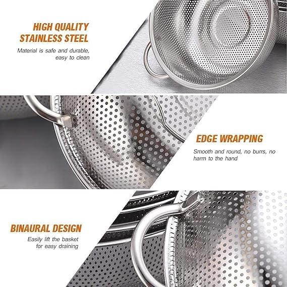 CLOUDTAB HeavyDuty Stainless Steel Colander with Handle MicroPerforated Strainer Sieve for Draining Rice Pasta Noodles Vegetables Fruits Multipurpose Kitchen Strainer Mixing Bowl Steel - Image 2