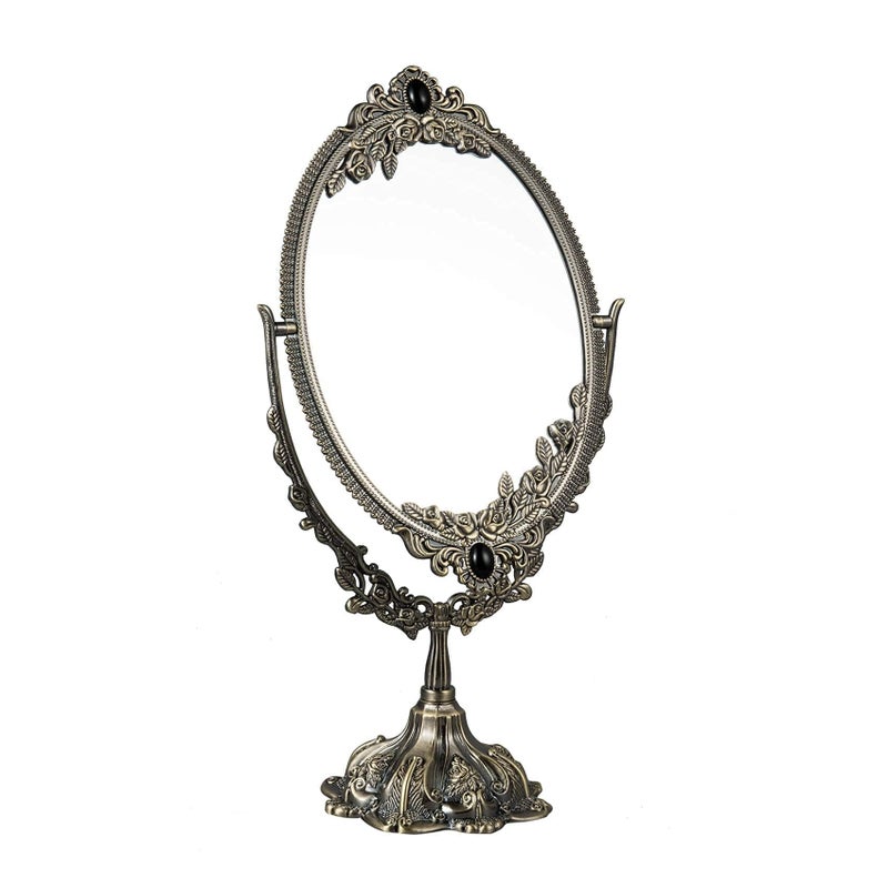 Feyarl 15 inch Vintage Makeup Mirror Floral Tabletop Oval Vanity Mirror with Stand Dressing Room Swivel Double Sided Elegant Decorative Mirror Embossed Frame