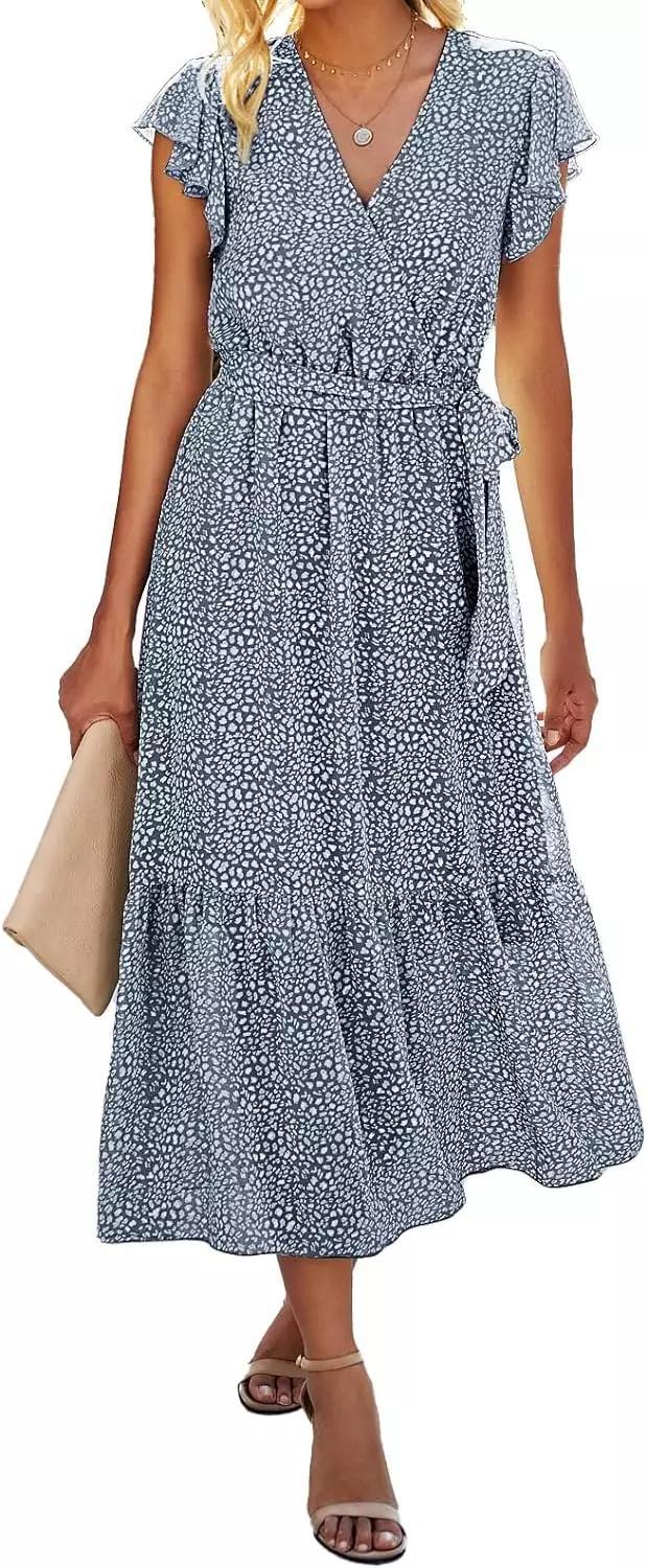Foreign TrAde AmAzon Women FlorAl Summer Dress V Neck Short Sleeve Belt Ruched Hem A-line MAxi Dress Green flower - Image 2