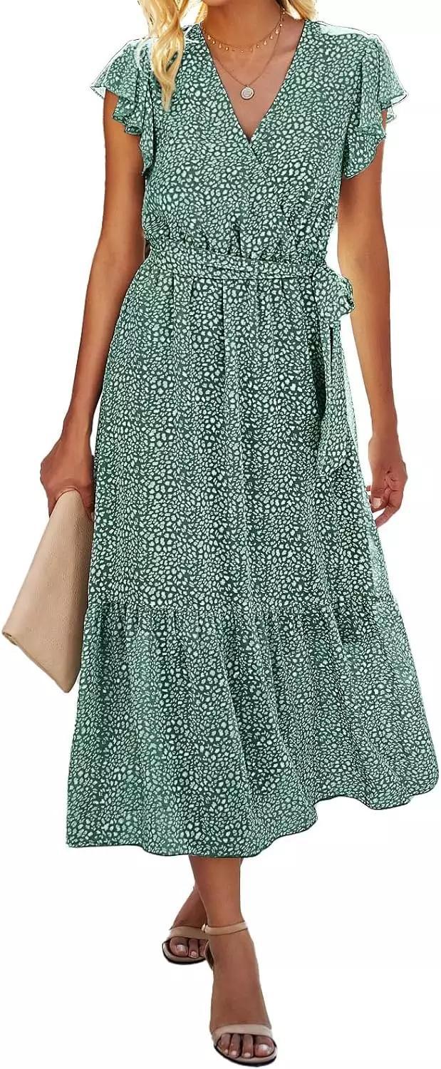 Foreign TrAde AmAzon Women FlorAl Summer Dress V Neck Short Sleeve Belt Ruched Hem A-line MAxi Dress Green flower - Image 1