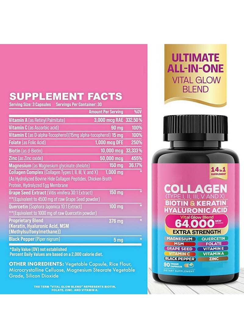 كولاجين حبوب الكولاجين، ببتيدات من النوع الأول والثاني والثالث والخامس والعاشر، MCG، بيوتين، كيراتين، حمض الهيالورونيك، MSM، فيتامين، حمض الفوليك، زنك، مغنيسيوم مع مستخلص بذور العنب، كيرسيتين لصحة البشرة والشعر والمفاصل، 90 كبسولة - Image 4