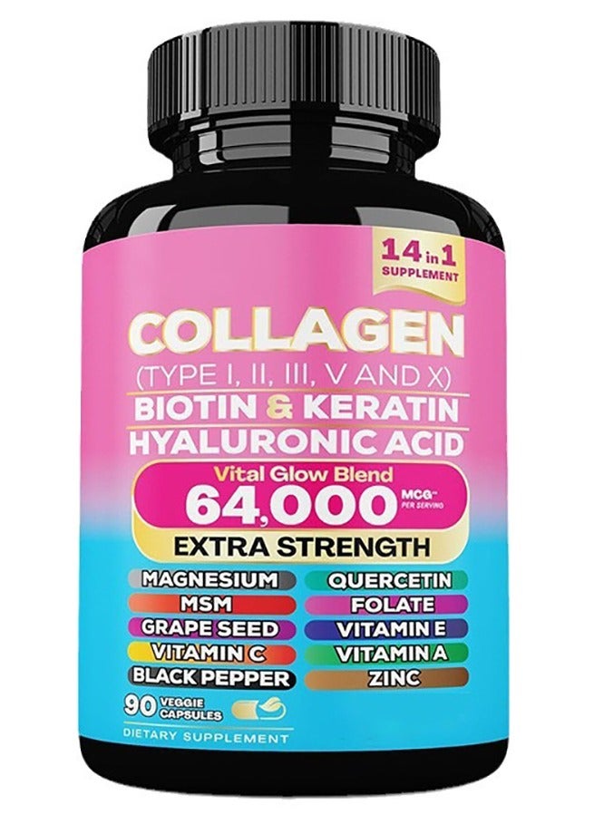 كولاجين حبوب الكولاجين، ببتيدات من النوع الأول والثاني والثالث والخامس والعاشر، MCG، بيوتين، كيراتين، حمض الهيالورونيك، MSM، فيتامين، حمض الفوليك، زنك، مغنيسيوم مع مستخلص بذور العنب، كيرسيتين لصحة البشرة والشعر والمفاصل، 90 كبسولة - Image 1