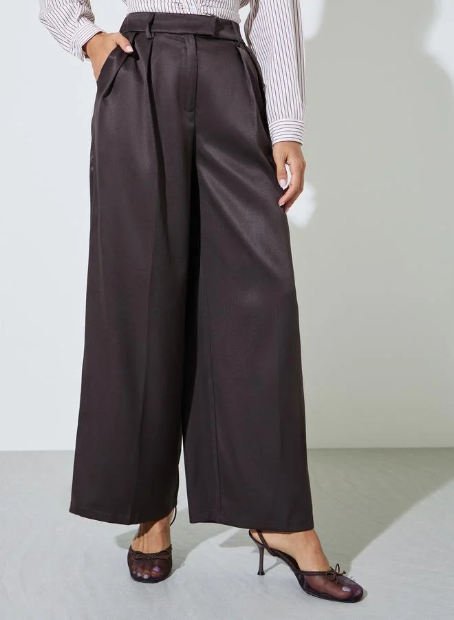 ستايلي Brown Wide Leg Formal Trousers with Pleat Detail