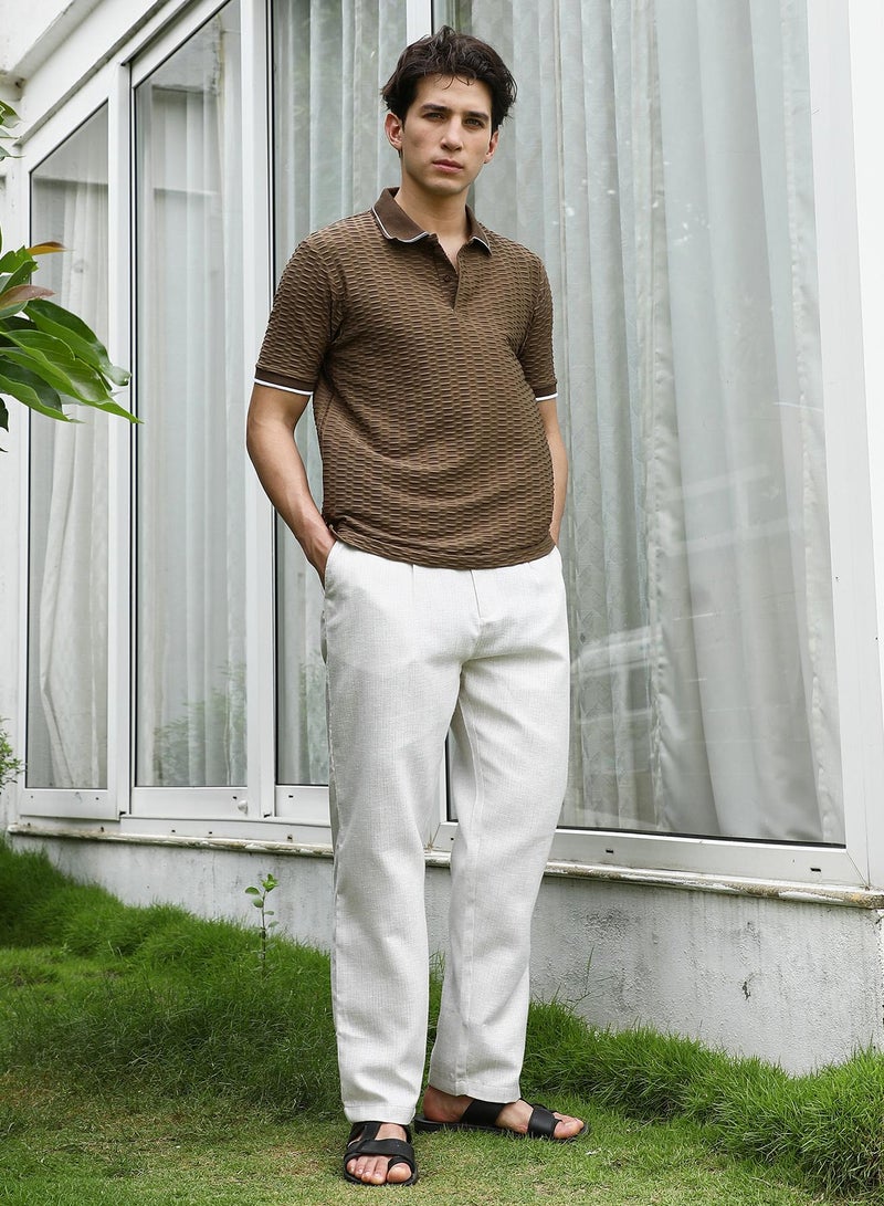Campus Sutra Men's Brown Textured Polo T-shirt with Contrasting Accents  - Image 5