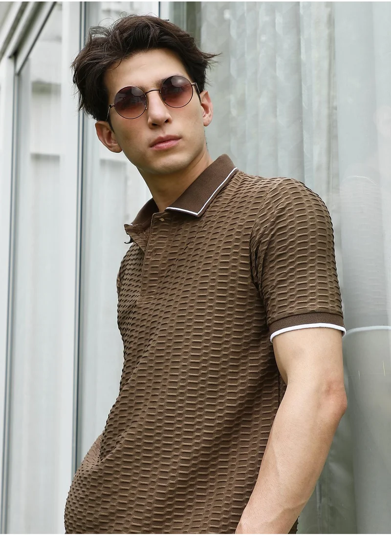 كامبوس سوترا Men's Brown Textured Polo T-shirt with Contrasting Accents
