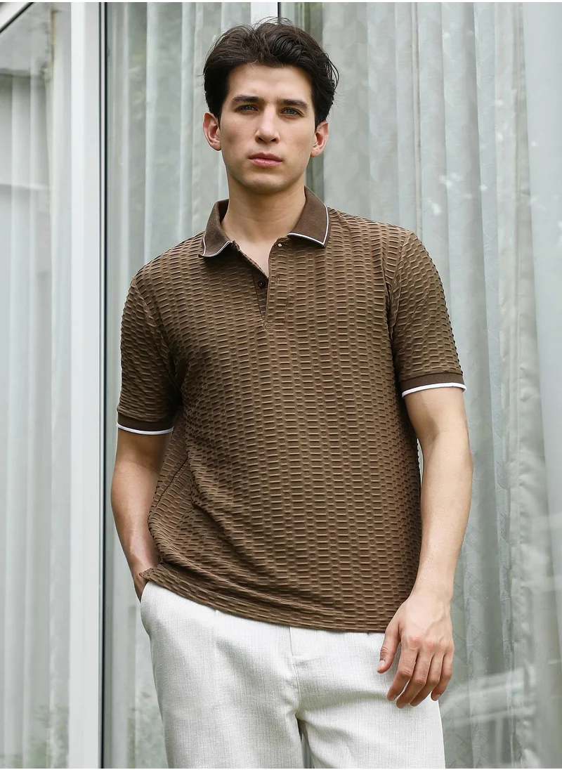 كامبوس سوترا Men's Brown Textured Polo T-shirt with Contrasting Accents