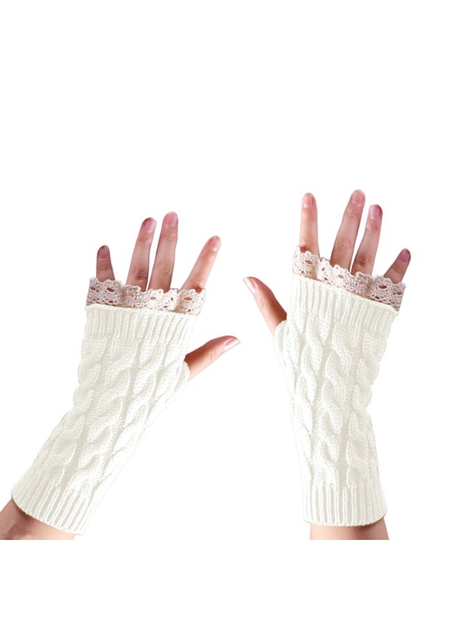 Women Knit Arm Warmer Winter Fingerless Thumb Hole Mitten Soft Gloves with Lace - Image 3