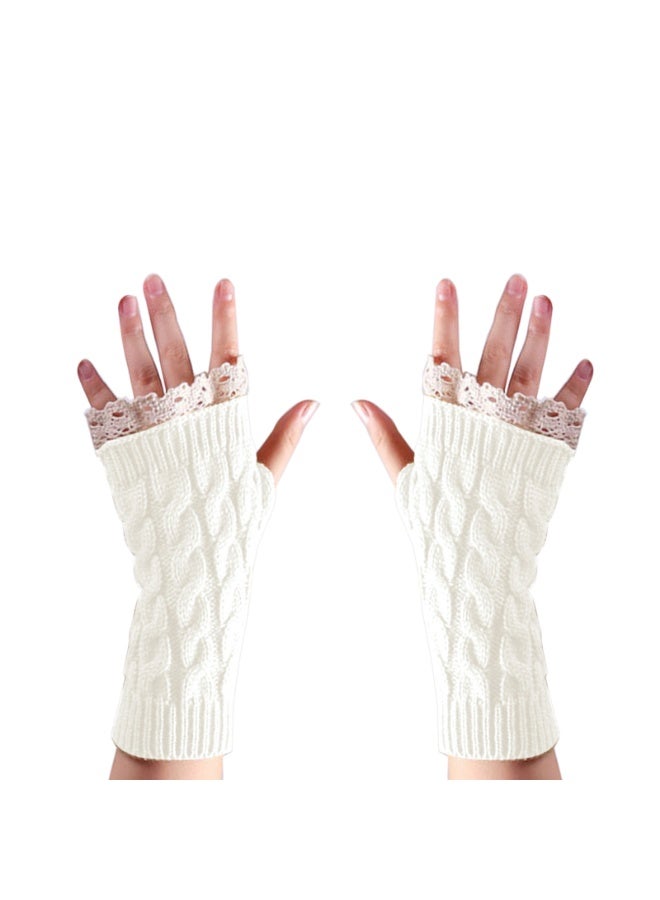Women Knit Arm Warmer Winter Fingerless Thumb Hole Mitten Soft Gloves with Lace - Image 1