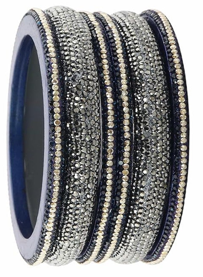 BANGLESKART أساور كادا مصنوعة يدويًا من اللاك للنساء والفتيات، مرصعة بالزركون والألماس والخرز، أنيقة للمناسبات الاحتفالية وغير الرسمية، وحفلات الزفاف، والحفلات، والمناسبات الأخرى - طقم من 6 أساور كادا باللونين الرمادي والأزرق - Image 1