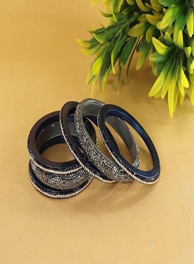 BANGLESKART أساور كادا مصنوعة يدويًا من اللاك للنساء والفتيات، مرصعة بالزركون والألماس والخرز، أنيقة للمناسبات الاحتفالية وغير الرسمية، وحفلات الزفاف، والحفلات، والمناسبات الأخرى - طقم من 6 أساور كادا باللونين الرمادي والأزرق - Image 3