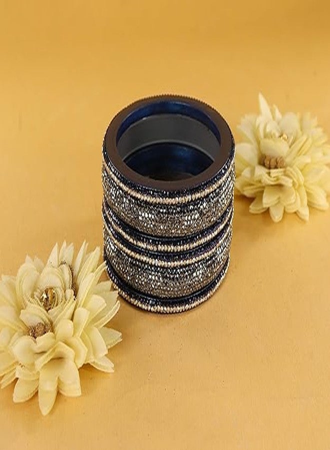 BANGLESKART أساور كادا مصنوعة يدويًا من اللاك للنساء والفتيات، مرصعة بالزركون والألماس والخرز، أنيقة للمناسبات الاحتفالية وغير الرسمية، وحفلات الزفاف، والحفلات، والمناسبات الأخرى - طقم من 6 أساور كادا باللونين الرمادي والأزرق - Image 2