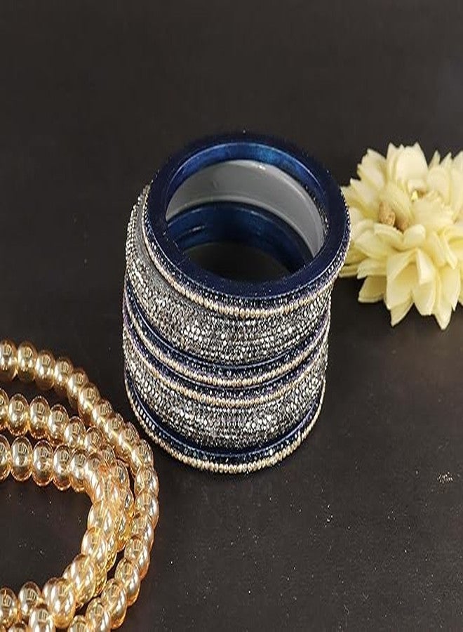 BANGLESKART أساور كادا مصنوعة يدويًا من اللاك للنساء والفتيات، مرصعة بالزركون والألماس والخرز، أنيقة للمناسبات الاحتفالية وغير الرسمية، وحفلات الزفاف، والحفلات، والمناسبات الأخرى - طقم من 6 أساور كادا باللونين الرمادي والأزرق - Image 4