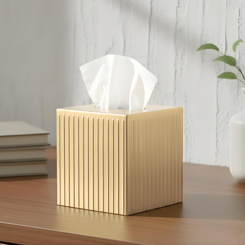 Monarch Abode Tissue Box Cover Square â€“ Handcrafted Ridge Embossed Brushed Gold Metal Tissue Holder Box for Bathroom Accessory, Aesthetic Decorative Facial Napkin Cube for Modern Home Decor - Image 2