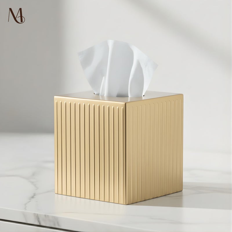 Monarch Abode Tissue Box Cover Square â€“ Handcrafted Ridge Embossed Brushed Gold Metal Tissue Holder Box for Bathroom Accessory, Aesthetic Decorative Facial Napkin Cube for Modern Home Decor - Image 5