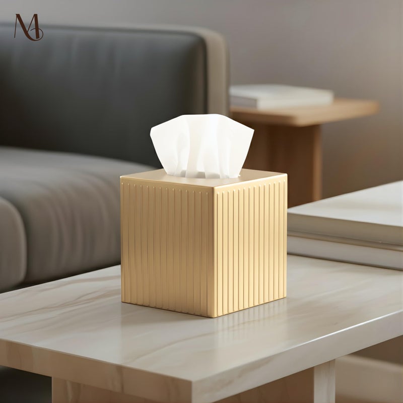 Monarch Abode Tissue Box Cover Square â€“ Handcrafted Ridge Embossed Brushed Gold Metal Tissue Holder Box for Bathroom Accessory, Aesthetic Decorative Facial Napkin Cube for Modern Home Decor - Image 4