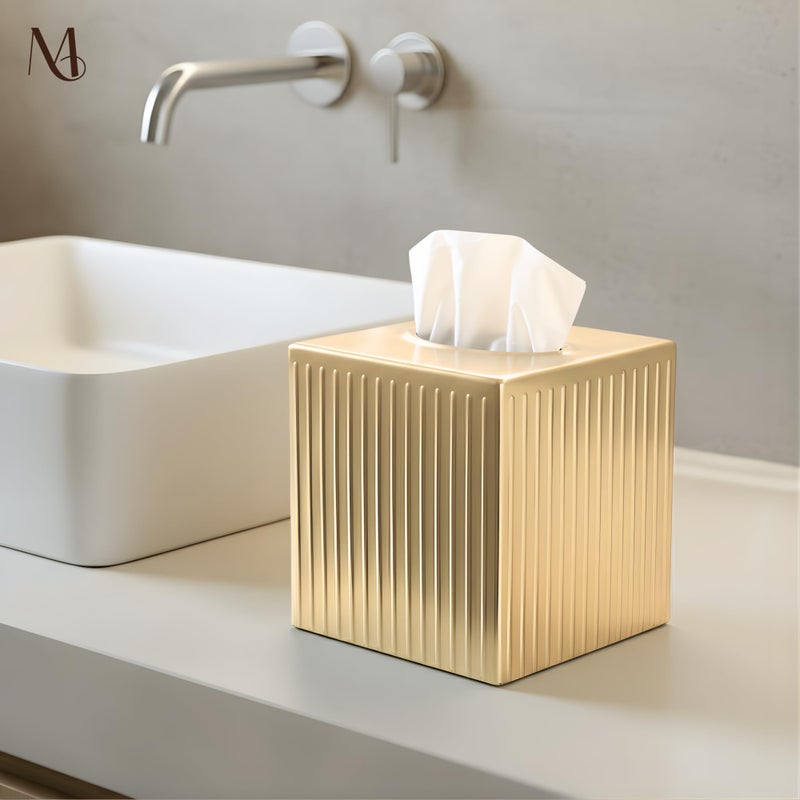 Monarch Abode Tissue Box Cover Square â€“ Handcrafted Ridge Embossed Brushed Gold Metal Tissue Holder Box for Bathroom Accessory, Aesthetic Decorative Facial Napkin Cube for Modern Home Decor - Image 3