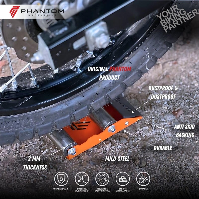 Phantom Heavy-Duty Wheel Roller Variation - Non-Slip Paddock Stand Universal For Bikes Up To 220kg – Quick & Easy Chain Maintenance Tool (Orange) - Image 4