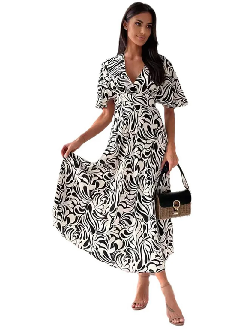 YUNIQEE Black Tropical Print Fit & Flare Dress