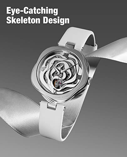 CIGA Design Watches for Women Denmark Rose Series Fashion Automatic Mechanical Skeleton Wrist Watch with Bonus Necklace Gifts (Leather Strap, Mechanical Movement) - Image 2