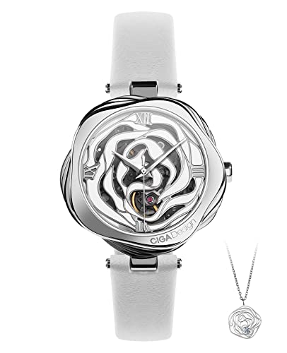 CIGA Design Watches for Women Denmark Rose Series Fashion Automatic Mechanical Skeleton Wrist Watch with Bonus Necklace Gifts (Leather Strap, Mechanical Movement) - Image 1