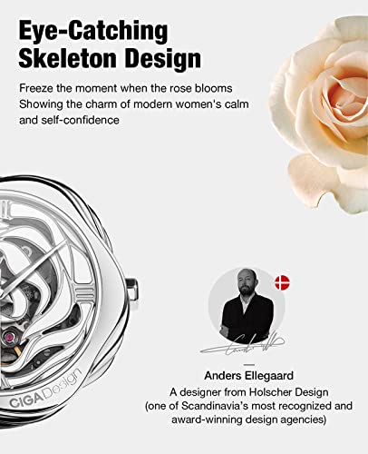 CIGA Design Watches for Women Denmark Rose Series Fashion Automatic Mechanical Skeleton Wrist Watch with Bonus Necklace Gifts (Leather Strap, Mechanical Movement) - Image 3
