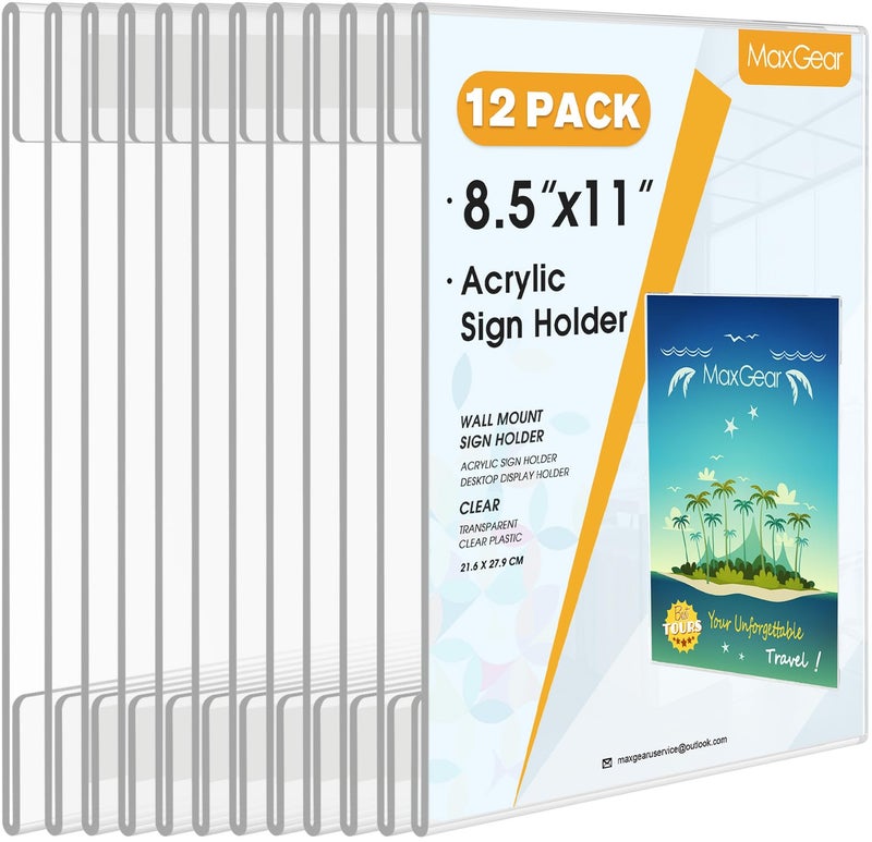 MaxGear 12 Pack Acrylic Sign Holder 85 x 11 Wall Mount Clear Plastic Sign Holder with Double Sided Tape Plexiglass Document Flyer Acrylic Wall Frame for Office Home Store Restaurant