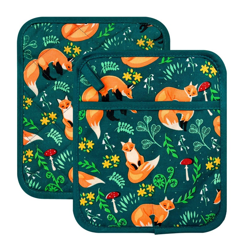 RED LMLDETA Pot Holders Set of 2 Heat Resistant 480â„‰ Kitchen 100% Cotton Comfortable Lining Printing Fox Flower Women Men Home Cooking Baking Microwave BBQ Gift(Fox Flower) - Image 1