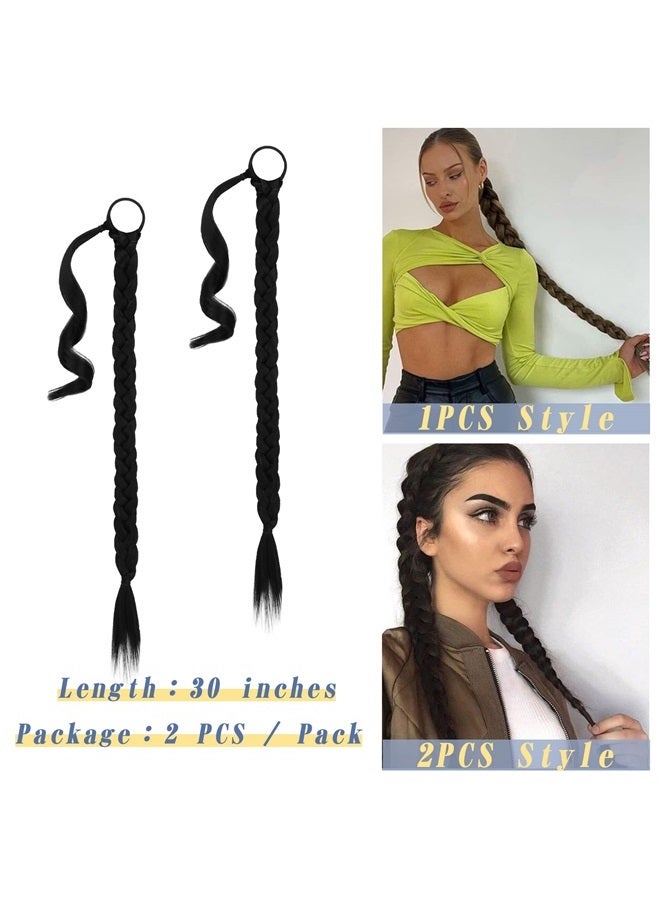 BARSDAR 2PCs 30 Inch Long Braided Ponytail Extension with Hair Tie Straight Wrap Around Hair Extensions Pony Tail DIY Natural Soft Synthetic Hair Piece for Women Girls-Off Black - Image 4