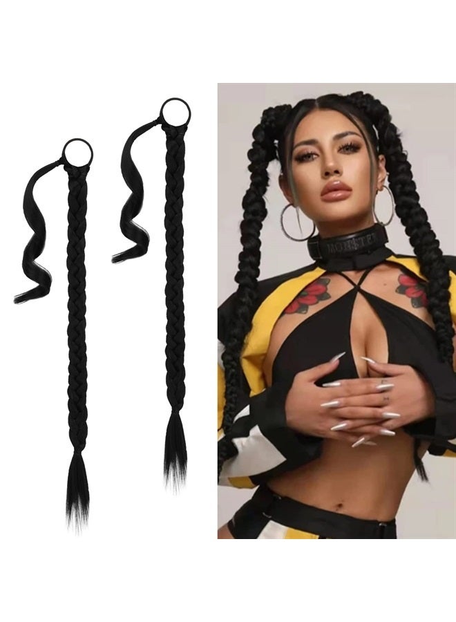 BARSDAR 2PCs 30 Inch Long Braided Ponytail Extension with Hair Tie Straight Wrap Around Hair Extensions Pony Tail DIY Natural Soft Synthetic Hair Piece for Women Girls-Off Black - Image 1