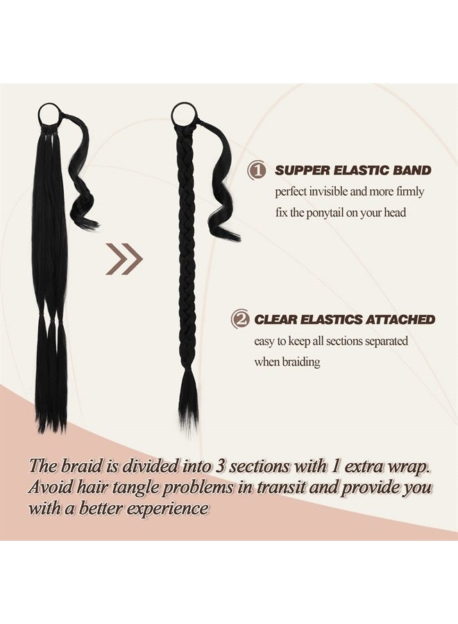 BARSDAR 2PCs 30 Inch Long Braided Ponytail Extension with Hair Tie Straight Wrap Around Hair Extensions Pony Tail DIY Natural Soft Synthetic Hair Piece for Women Girls-Off Black - Image 2