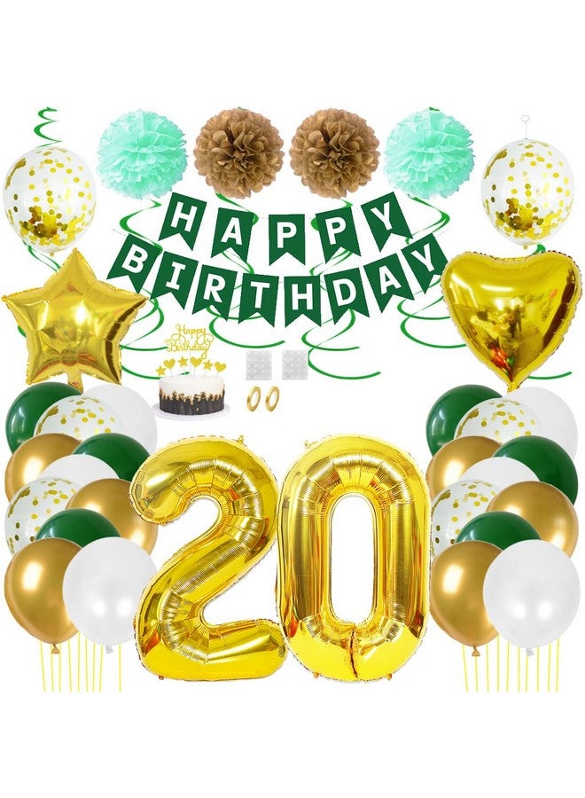 Juland 20Th Birthday Party Decorations Gold Green Happy Birthday Banner White Latex Balloon Confetti Balloon 20 Number Foil Balloon Hanging Swirl Paper Pompoms With Cake Topper For Boy Girl Men Women - Image 1