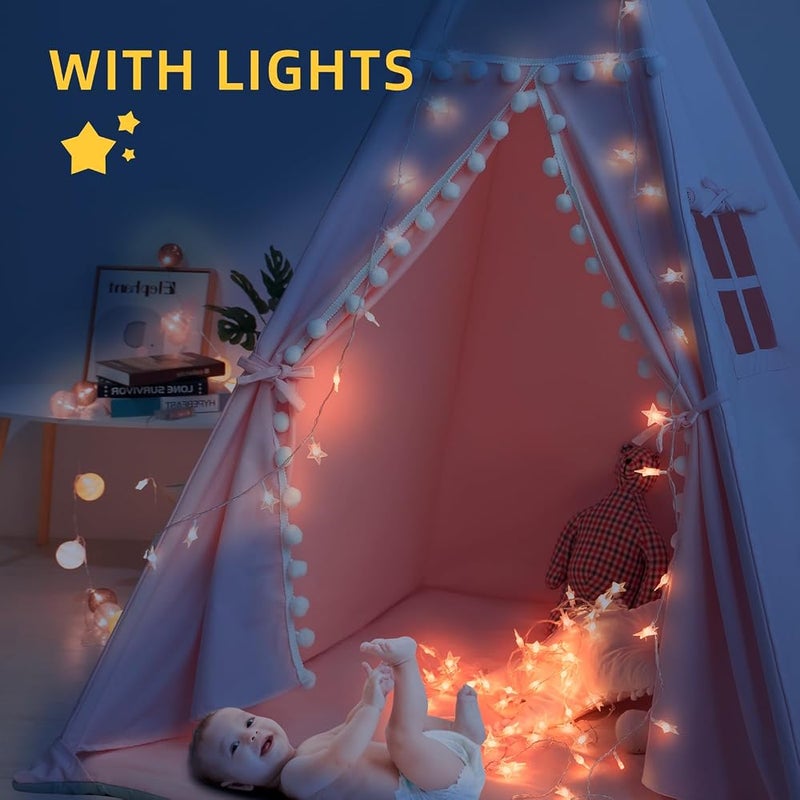RONGFA Teepee Tent for Kids with Mat, Star Lights, Carry Case, Cotton Canvas Playhouse, Foldable Tents, Portable Children Play Tent Indoor Outdoor (Pink) - Image 4