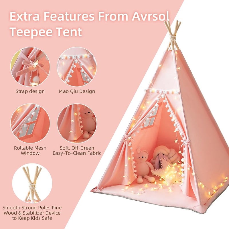 RONGFA Teepee Tent for Kids with Mat, Star Lights, Carry Case, Cotton Canvas Playhouse, Foldable Tents, Portable Children Play Tent Indoor Outdoor (Pink) - Image 2